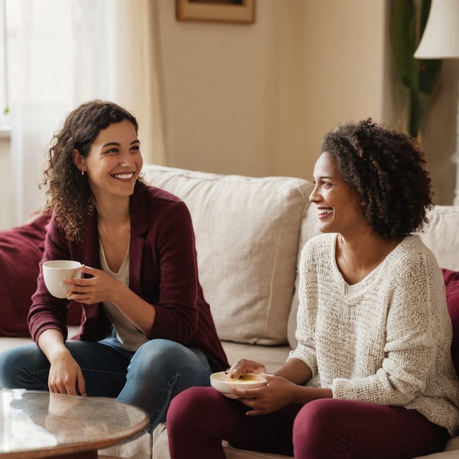 Dos amigas conversando y sonriendo en una sala