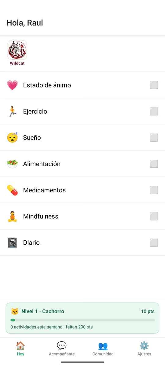 Pantalla principal de la app con los módulos del día