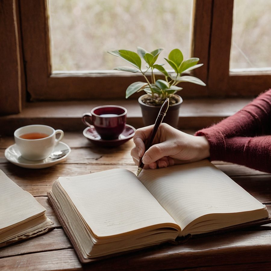Manos escribiendo en un diario junto a una taza, con luz de mañana